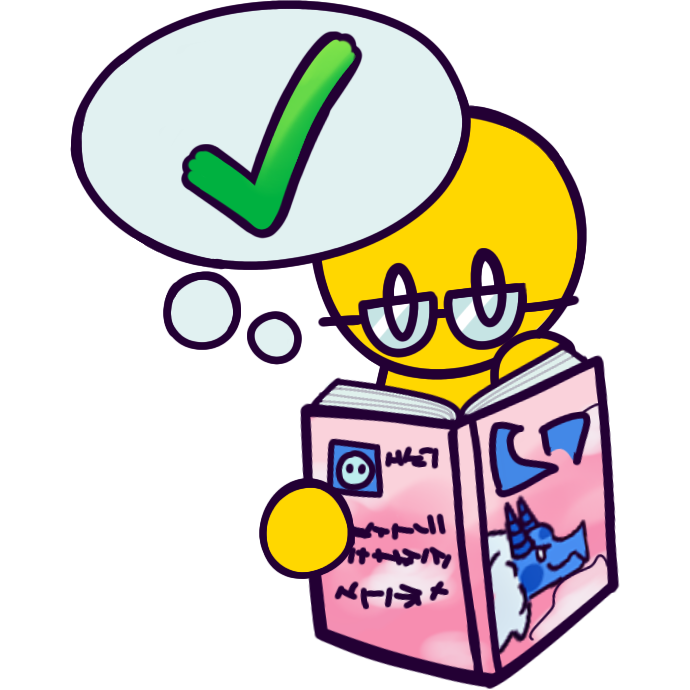 a thought bubble with a check mark coming from an emoji-yellow person with glasses reading a pink book with a blue eastern dragon on the front. they have a hand on their cheek as if they're thinking